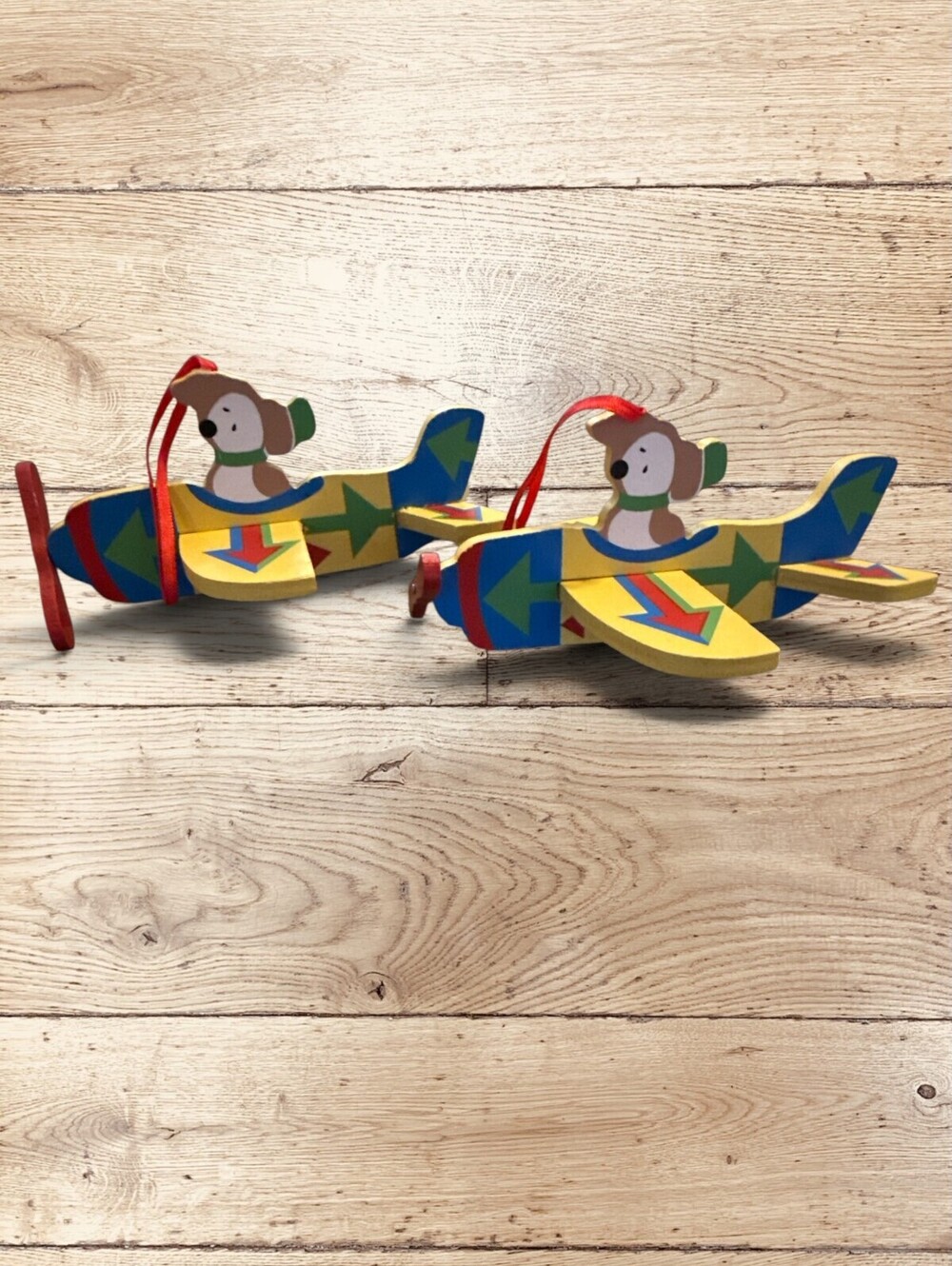 Vintage Wood Airplane Ornaments Pair Dog Pilot Retro Kitsch Christmas 7"